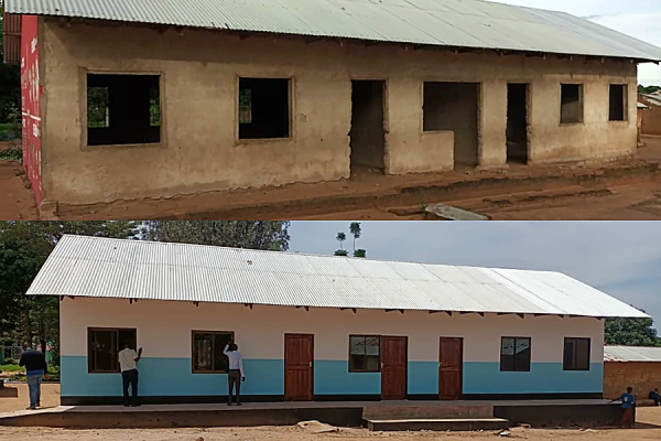 before and after photos of a block of classrooms at Utemini Primary School