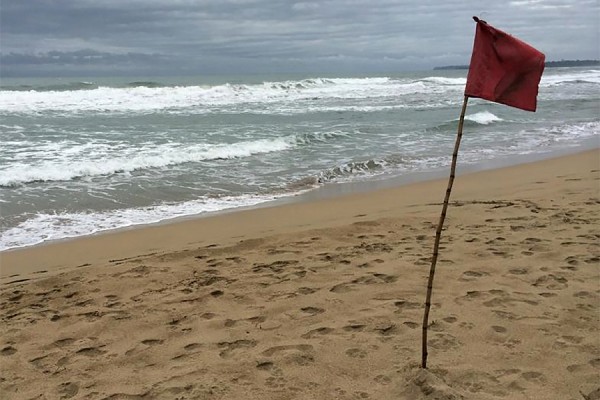 beach with red warning flag