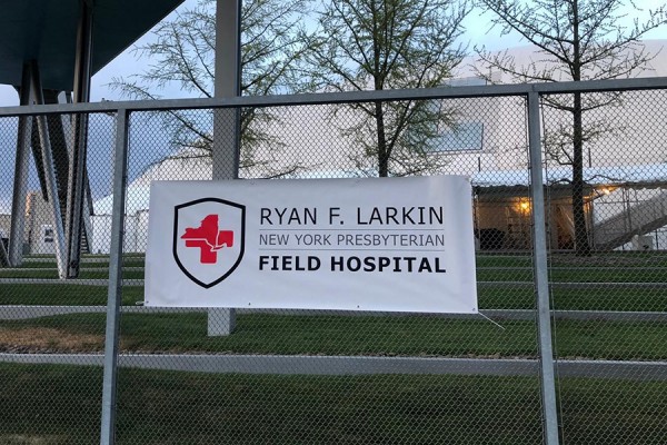sign reading &quot;Ryan Larkin New York Presbyterian Field Hospital&quot;