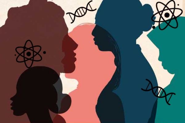 women silhouetted against symbols of science