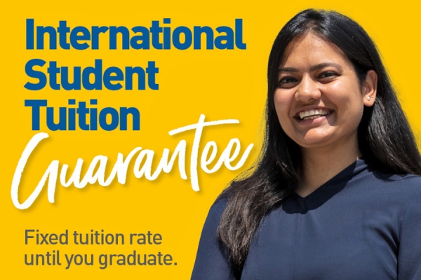 woman next to slogan International Student Tuition Guarantee 