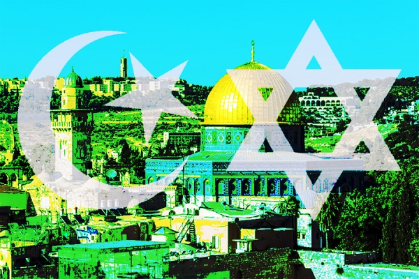 Symbols of Islam and Judaism superimposed on Jerusalem