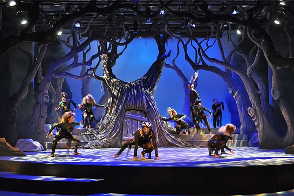 dramatic stage design -- wooded area in blue light