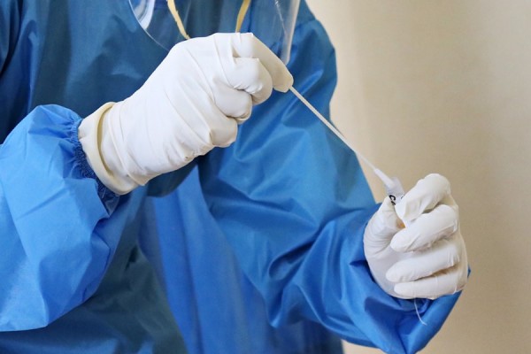 gloved hands holding medical swab