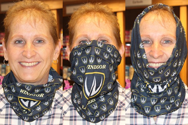 Lynda Leckie demonstrates three ways to wear the Lancer neck tube