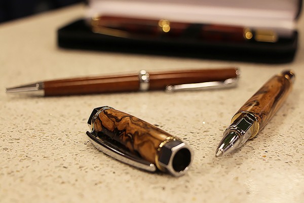 Wooden pens hand-turned by retired biology professor Michael Weis