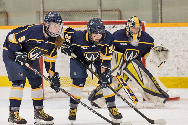 Lancer women&#039;s hockey players lined up on ice