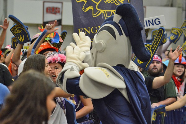 Lancer mascot Winston high-fiving students during Welcome Week 2016