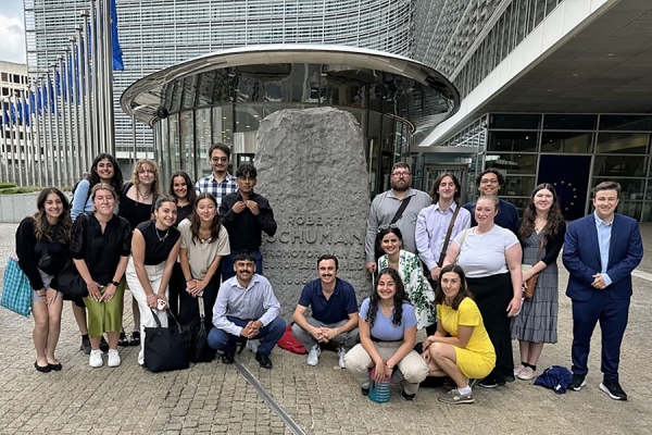 Students from the University of Windsor and Western University pose in front of the European Commission’s Berlaymont building