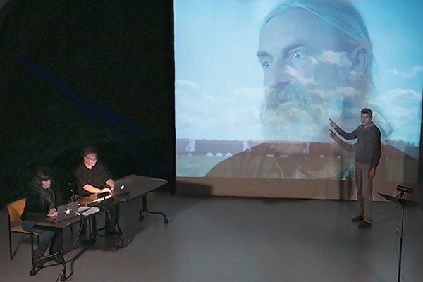 Professors Kim Nelson, Brent Lee and Rob Nelson rehearse presentation of their interactive documentary, 130-Year Road Trip.