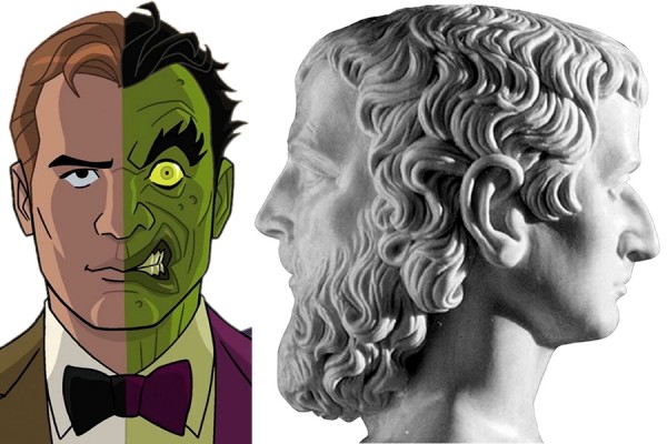 cartoon of Two-Face and marble bust of Janus