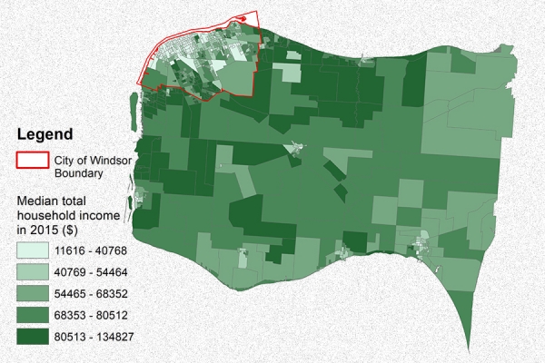 GIS map of Essex County indicating median income by neighbourhood