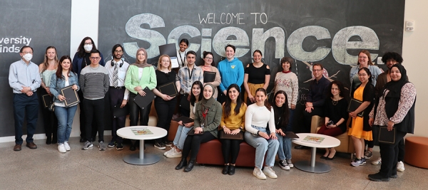 students in science lobby