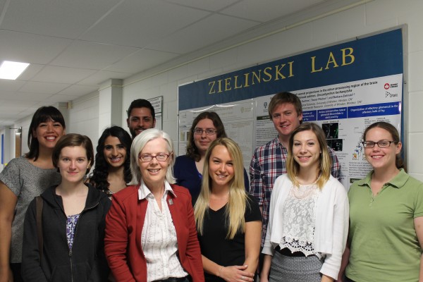 UWindsor biologist Barbara Zielinski and team. From left to right: Front row: Gillian Hughes, Dr. Barbara Zielinski, Jenna Jones, Kaela Scott, Dr. Michelle Nevett.  Back row: Tina Suntres, Georgette Nader, Gianfranco Grande, Alexandra Zygowska, Karl Boyes