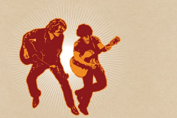 Hall and Oates silhouetted with guitars in hand