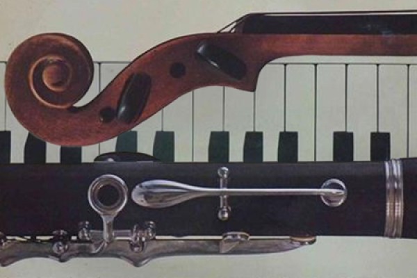a violin, clarinet and piano keyboard
