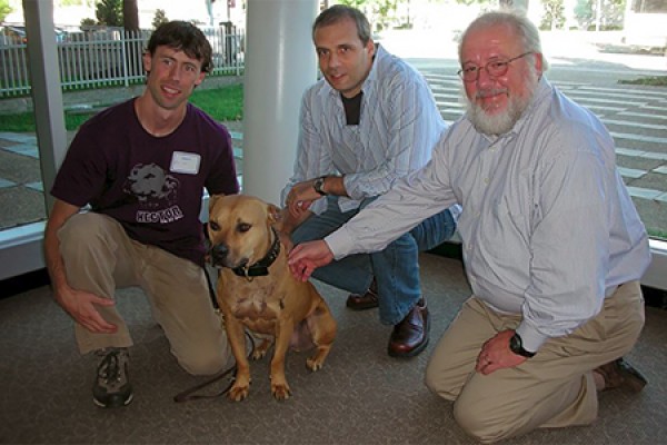 men surround friendly dog