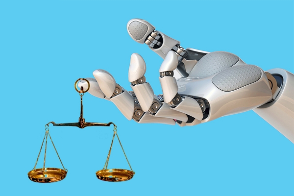robot hand holding scales of justice