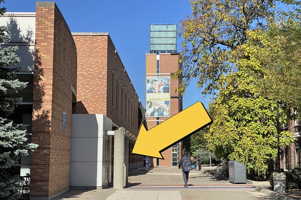 arrow indicating entrance to Education Gym