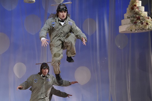 Actors engage in airborne tomfoolery during the University Players production of “Big Love.”