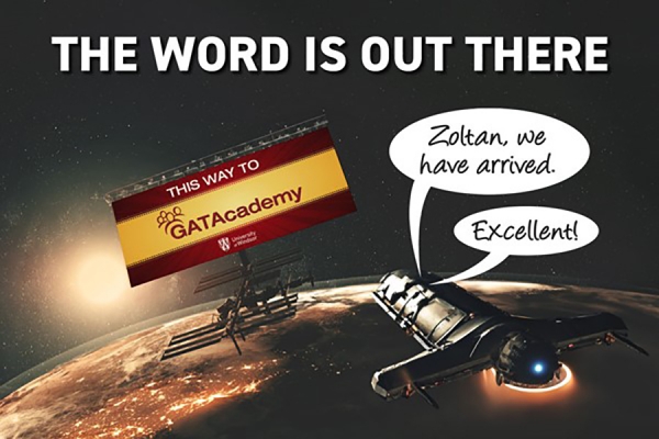 spaceship approaching Earth with billboard advertising GATAcademy