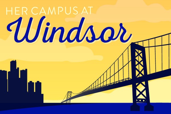 Her Campus logo superimposed over line drawing of Ambassador Bridge