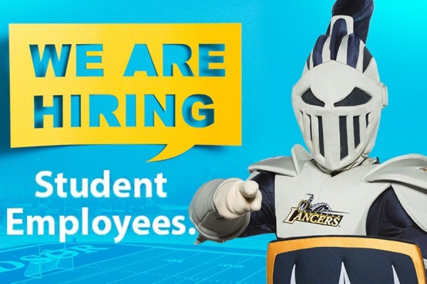 mascot saying &quot;we are hiring student employees&quot;