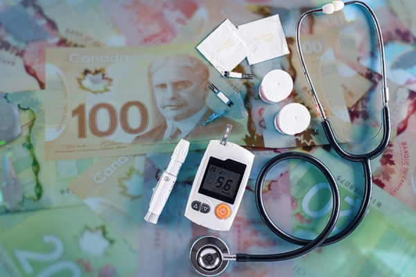 medical equipment over background of banknotes