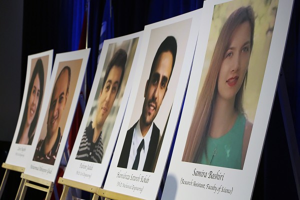 Placards commemorate the five members of the UWindsor community who died in the Tehran plane crash Jan. 8.