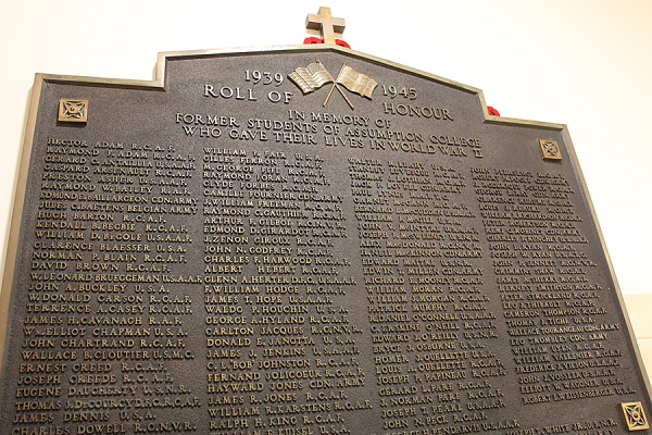 Roll of Honour: This plaque in the foyer of Memorial Hall lists former students of Assumption College killed in World War II.