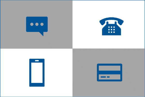 icons representing authentication options: smartphone, landline, text bubble, token?