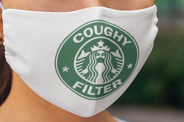 Facemask with Starbucks logo and words &quot;Coughy filter&quot;
