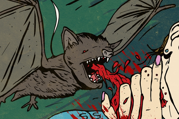 cartoon of bat biting victim&#039;s neck, spewing blood
