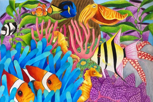 Chemistry student Kasey Brown illustrated the flora and fauna of a tropical reef.