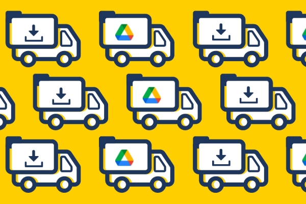cartoon trucks transferring material from Google Drive to One Drive