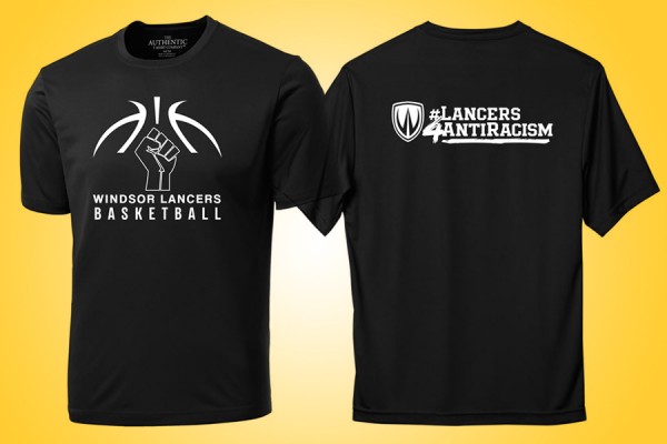 T-shirt with a modified basketball logo on the front and the words “Lancers 4 anti-racism” across the back