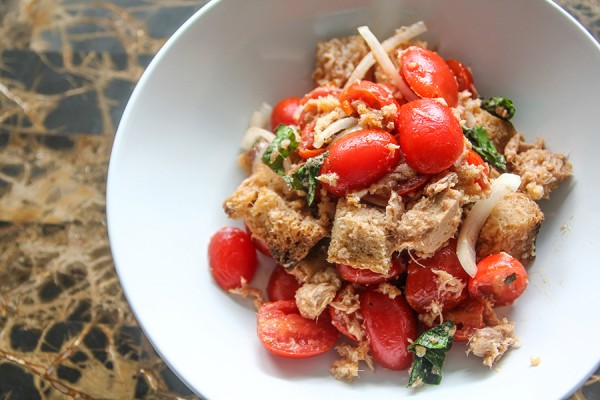 salad of tuna, cubed bread, grape tomatoes, and basil