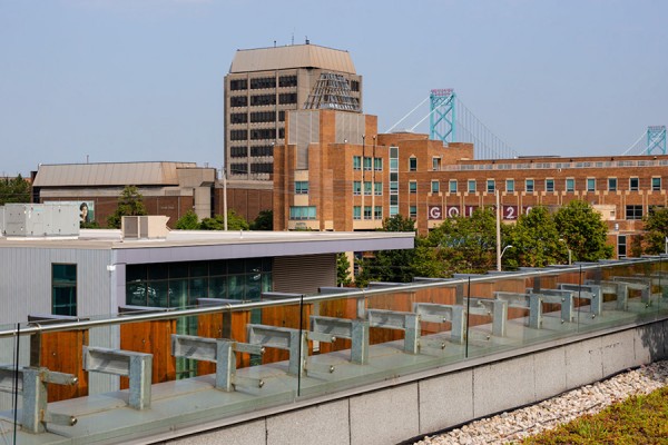 photo of UWindsor campus taken from garden rooftop of CEI