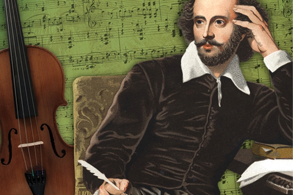graphic of Shakespeare next to violin