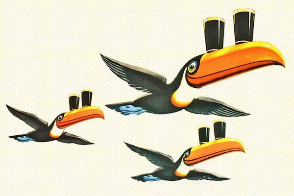 Guinness toucans flying in formation carrying glasses of beer