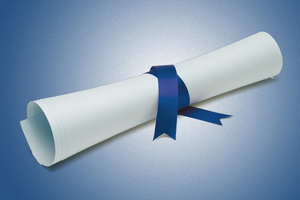 diploma rolled with blue ribbon