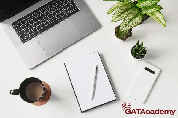 Illustration of laptop, notepad and smartphone with GATAcademy logo.