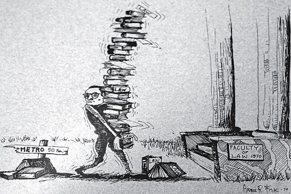 Then-dean of law Walter Tarnopolsky struggles under the weight of textbooks in a 1970 Oyez cartoon by artist Arnie Fisk.