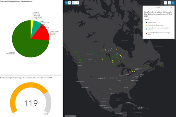 Dashboard of the Long Term Drinking Water Advisories on Public Water Systems on First Nations Reserves between 2015 and 2021.