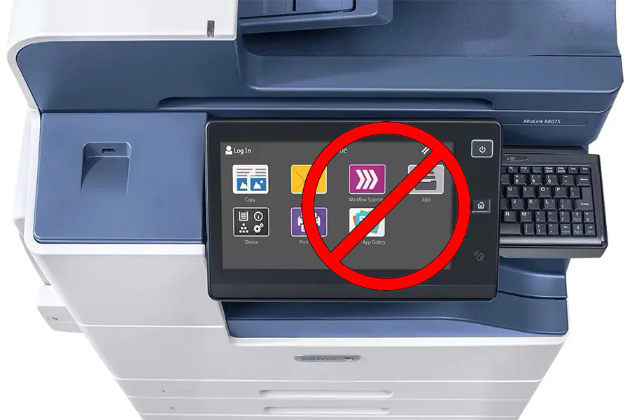 Printer with red circle and slash superimposed, indicating "do not print"