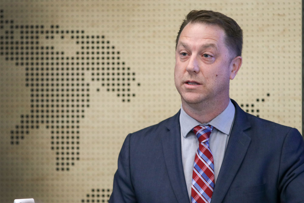 Trevor Pitcher, acting Executive Director of the Great Lakes institute for Environmental Research, gives opening remarks at the launch of the Real-time Aquatic Ecosystem Observation Network on Friday, March 16, 2018.