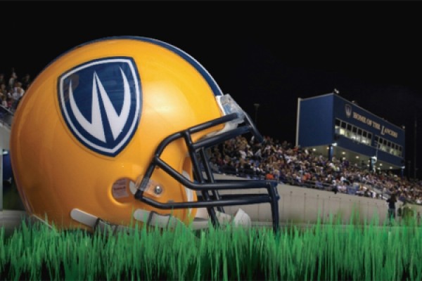Lancer football helmet on turf in University of Windsor stadium