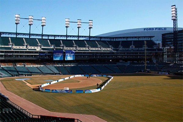 Comerica Park with hockey boards