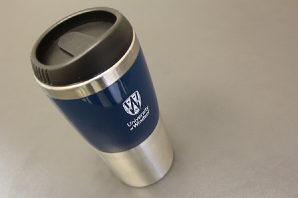 stainless steel travel mug, emblazoned with the new UWindsor logo