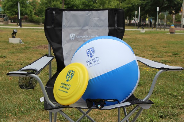 sunglasses, a toy flying disk, and an inflatable beachball balanced on folding lawn chair